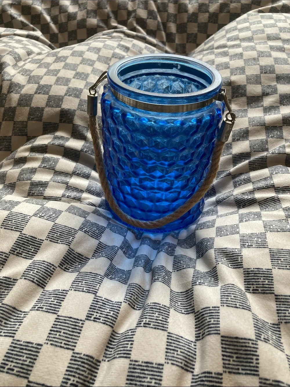 Blue Textured Glass Hurricane Candle Holder with Rope Handle